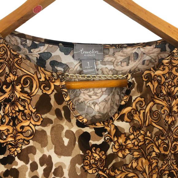 Chico's Travelers Animal Print Top Sz 1 (Medium) Baroque Brown Gold Chain Detail - Picture 2 of 9